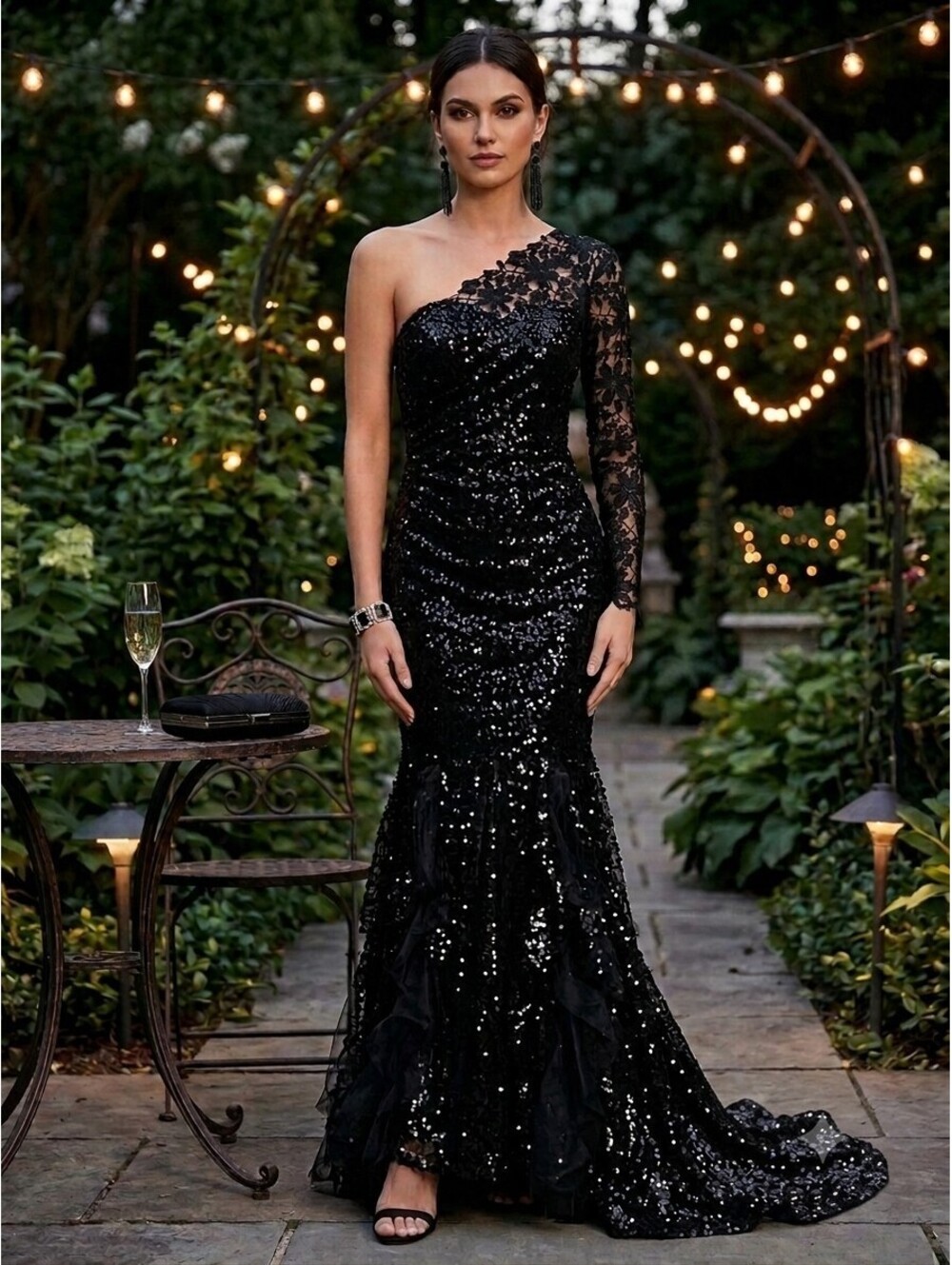 Faeriesty Black Sequin Lace Mermaid Gown XL One Shoulder Dark Romance Whimsigoth